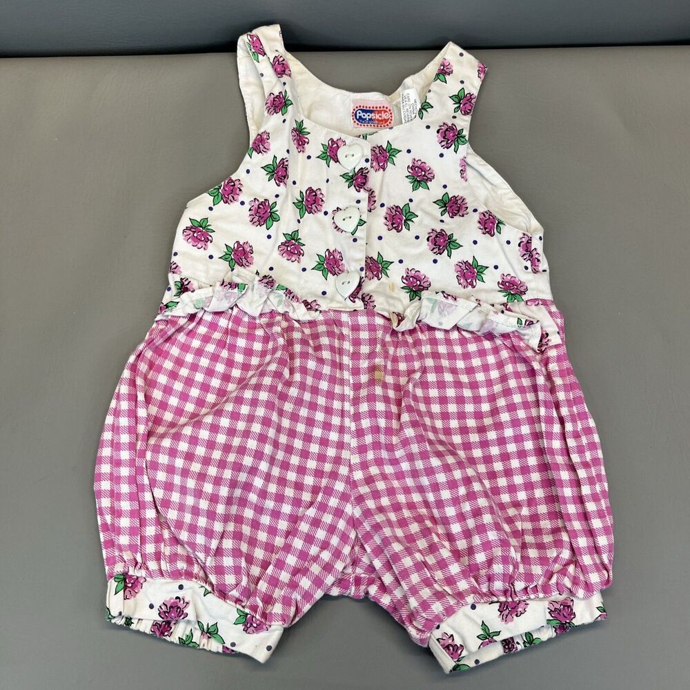 Popsicle Bubble Romper Shortall Overall Plaid Flowers Pink Sz 4 Vintage 90s